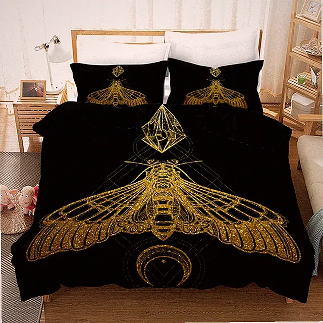 3D Insect Geometric Lines Black Gold Quilt Cover Set Bedding Sets Pillowcases 64