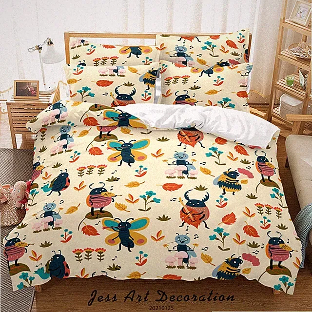 3D Insects Flower Cartoon Pattern Quilt Cover Set Bedding Sets Pillowcases Queen