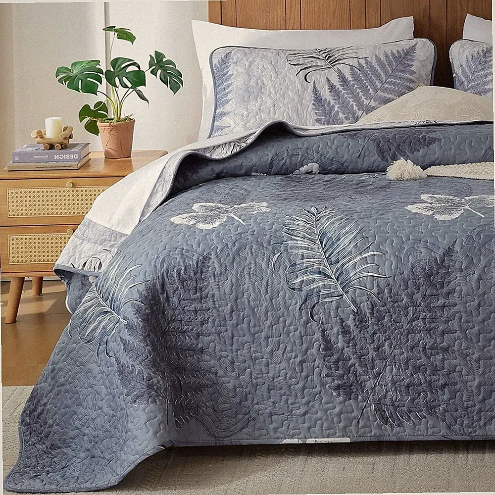 Blue Quilts Set Queen Botanical Floral Leaf Bedspread Bedding Set Queen