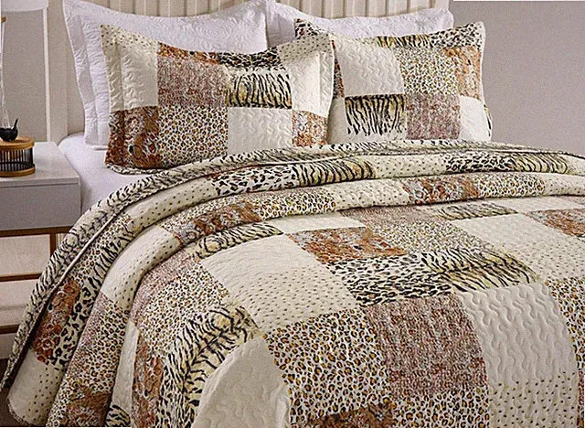 Brown Ivory Black Safari Patchwork 3 Piece Quilt Set Queen Size Bedspread