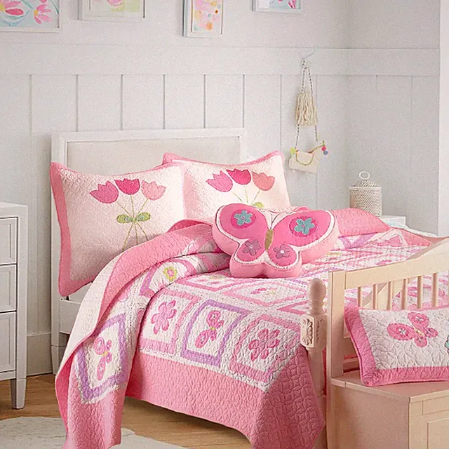 Butterfly Flower Reversible Cotton Quilt Set, Bedspreads, Coverlet