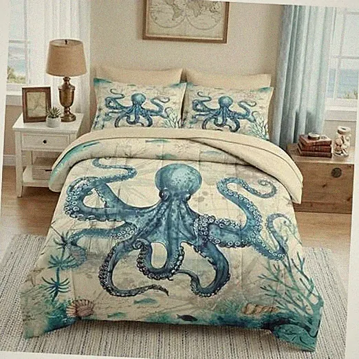 Comforter Set Size, Vintage Sea Map 7 Pcs Bedding Set Queen Vintage Octopus