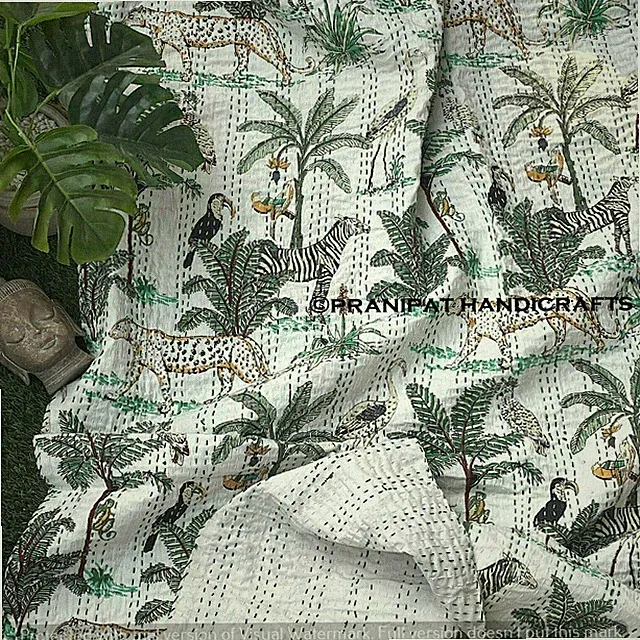 Indien Queen Animal Print Blanket White Summer Cotton Home D?cor Kantha Quilt