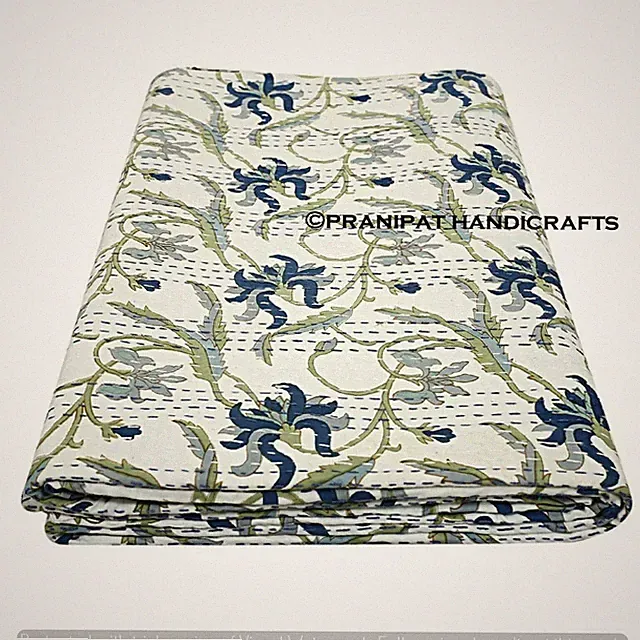 Indien Queen Floral Print Blanket Blue Summer Cotton Home D?cor Kantha Quilt