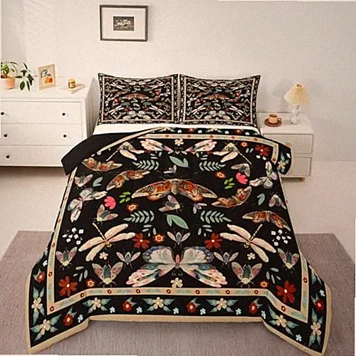 Insect Bedding Set Soft for Boys Girls, Butterflies Dragonflies Twin Black
