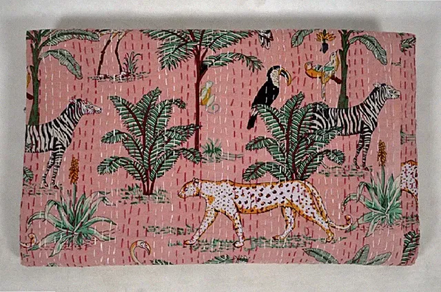 Jungle Print Cotton Peach Kantha Quilt Coverlet Queen Size Bedspread Blanket