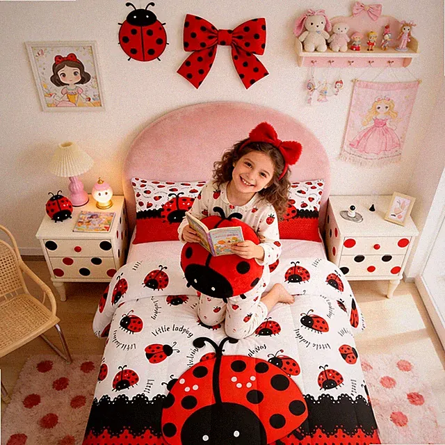 Manfei Ladybug Kids Comforter Set Twin Sizered Black Ladybird Beetle Insect