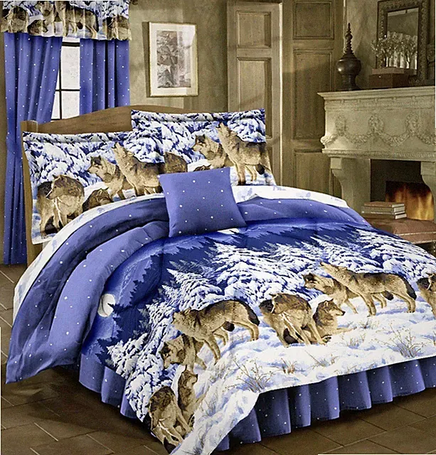 MIDNIGHT WOLVES Bed In Bag Howling Pack Wolf Bedding Blue Comforter & Sheet Set