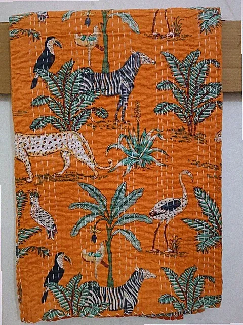 Orange Safari Printed handmade vintage cotton kantha throw Quilt, Cotton Blanket