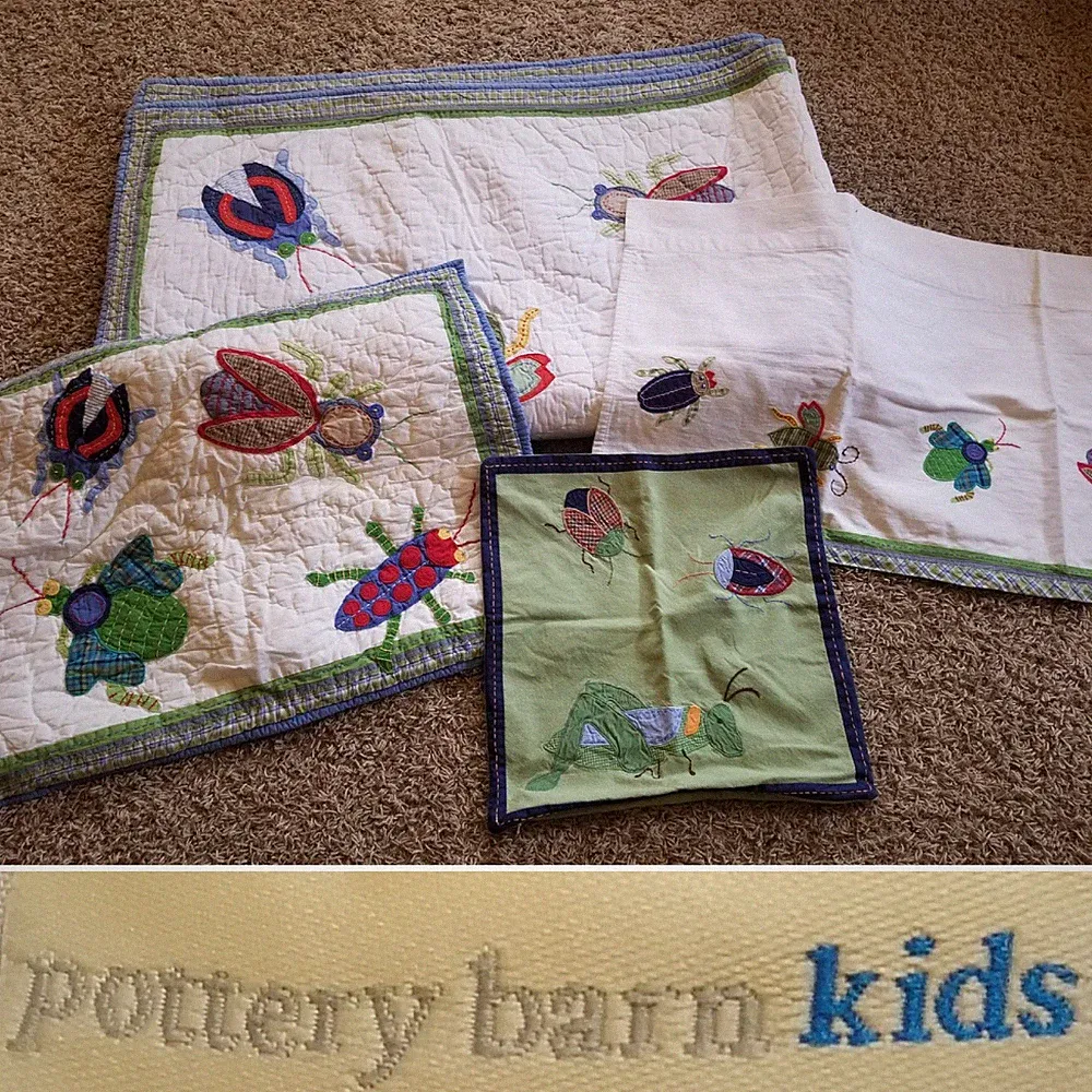 Pottery Barn Kids Twin Size Bug Insect Quilt, Valance, Sham, Decorative Pillow