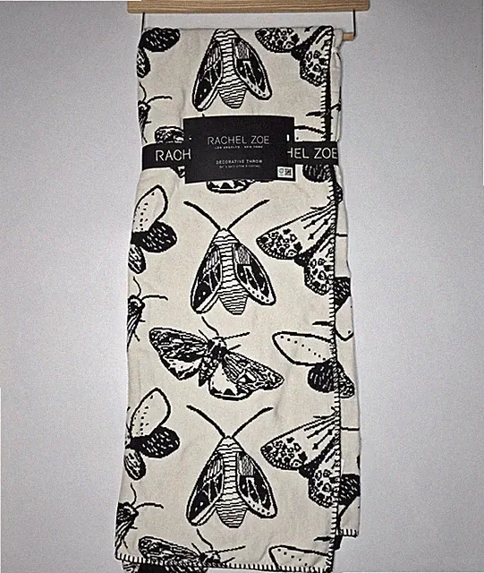 Rachel Zoe Throw Blanket Black Bugs Moths Insects Gothic 100% Cotton Knit