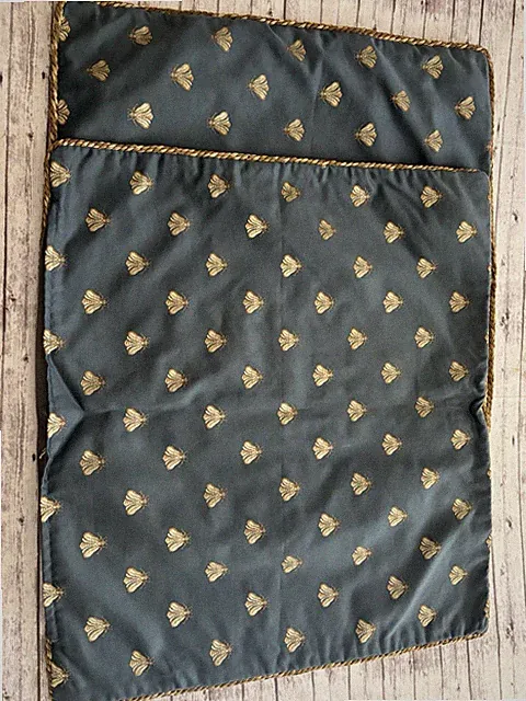 Vintage Blue Gold Bees PAIR Pillow Shams Rope Edge Brocade Zip 22x20”